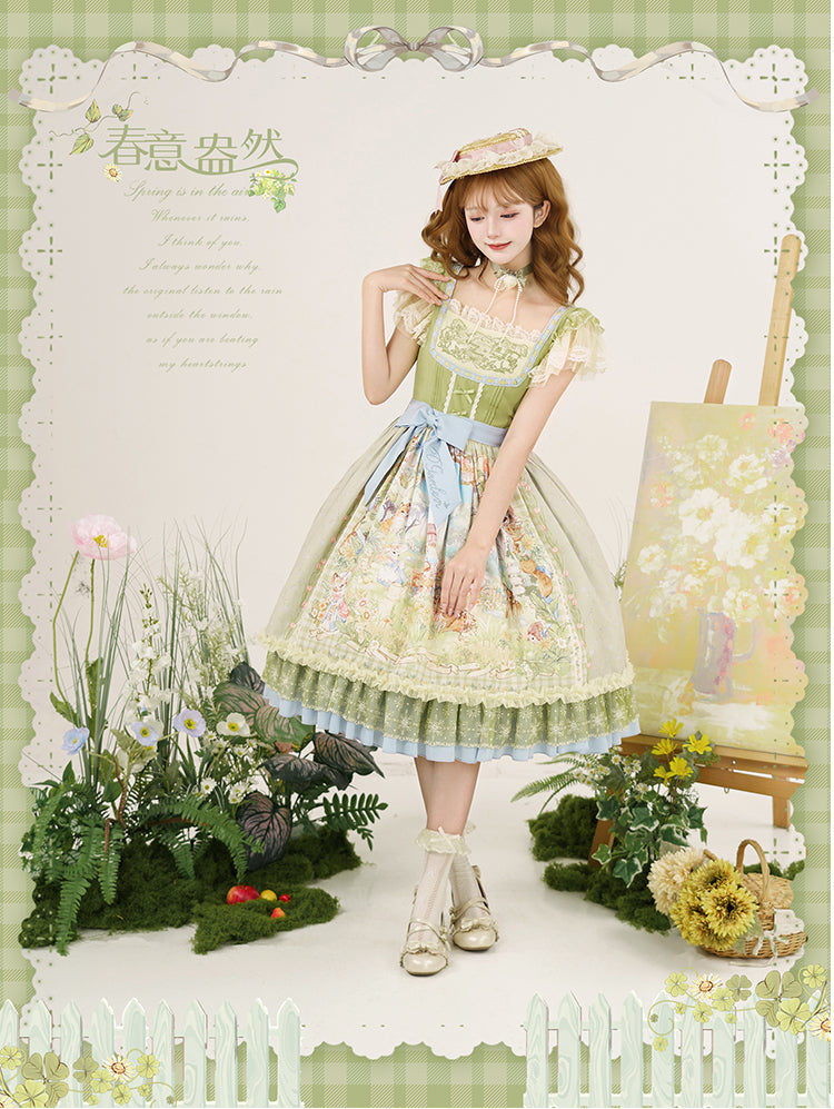 Strawberry Fantasia~Spring Bloom~Country Lolita JSK Set with Animal Prints and Overlay