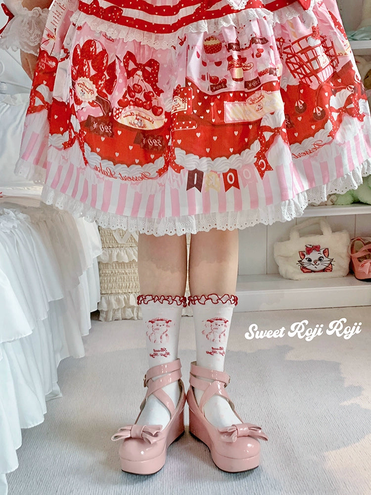 Roji Roji - Sweet Lolita Cotton Socks Japanese Printed Calf Socks a pair of white ankle socks One Size