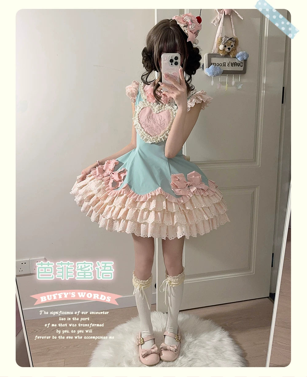 Bafei Honey Words - Sweet Lolita Embroidery JSK Dress, Tiered Hem