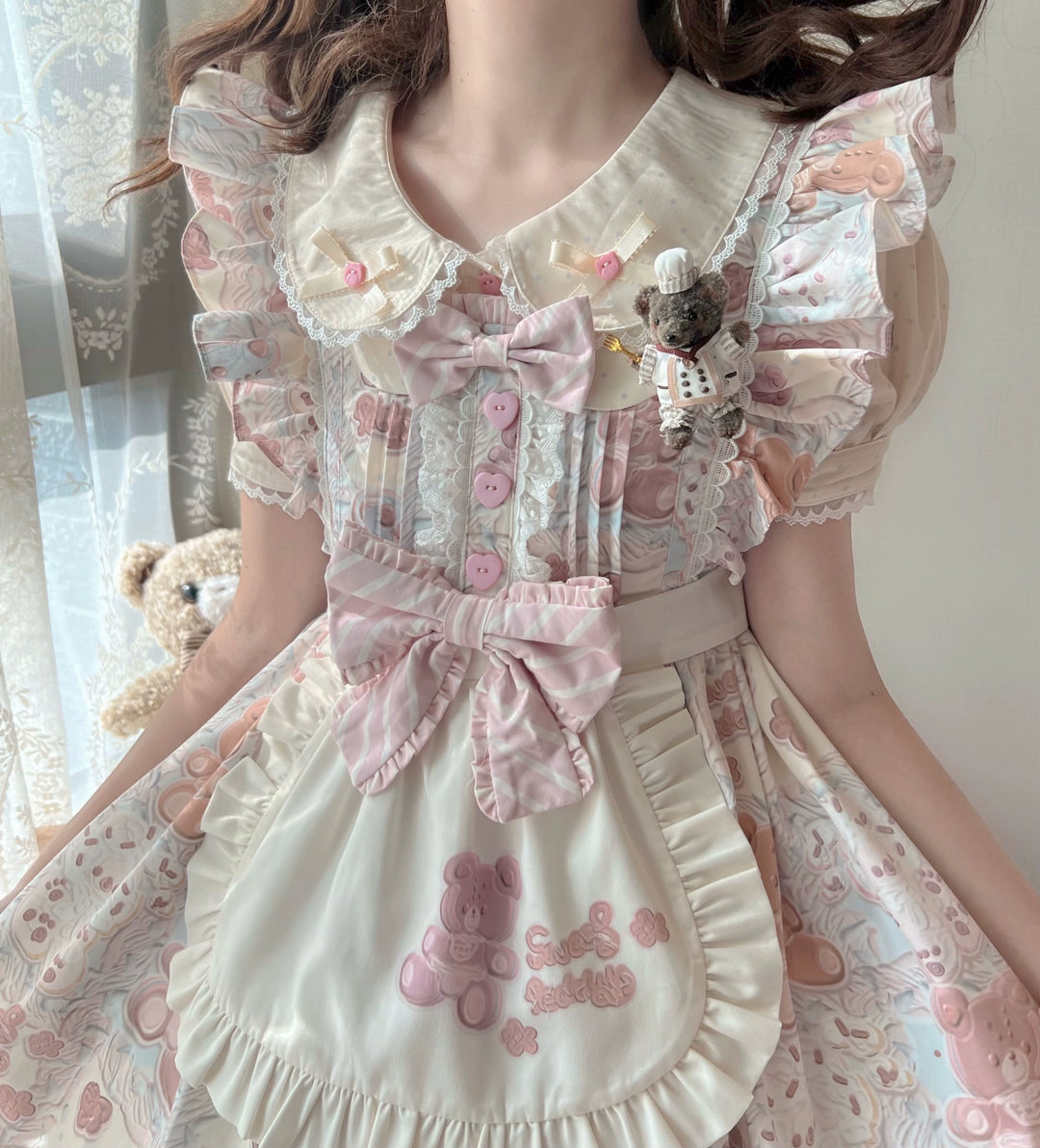 Akiyama Future Studio~Kawaii Little Bear Lolita Salopette Daily Lolita JSK S Blue fly sleeves JSK