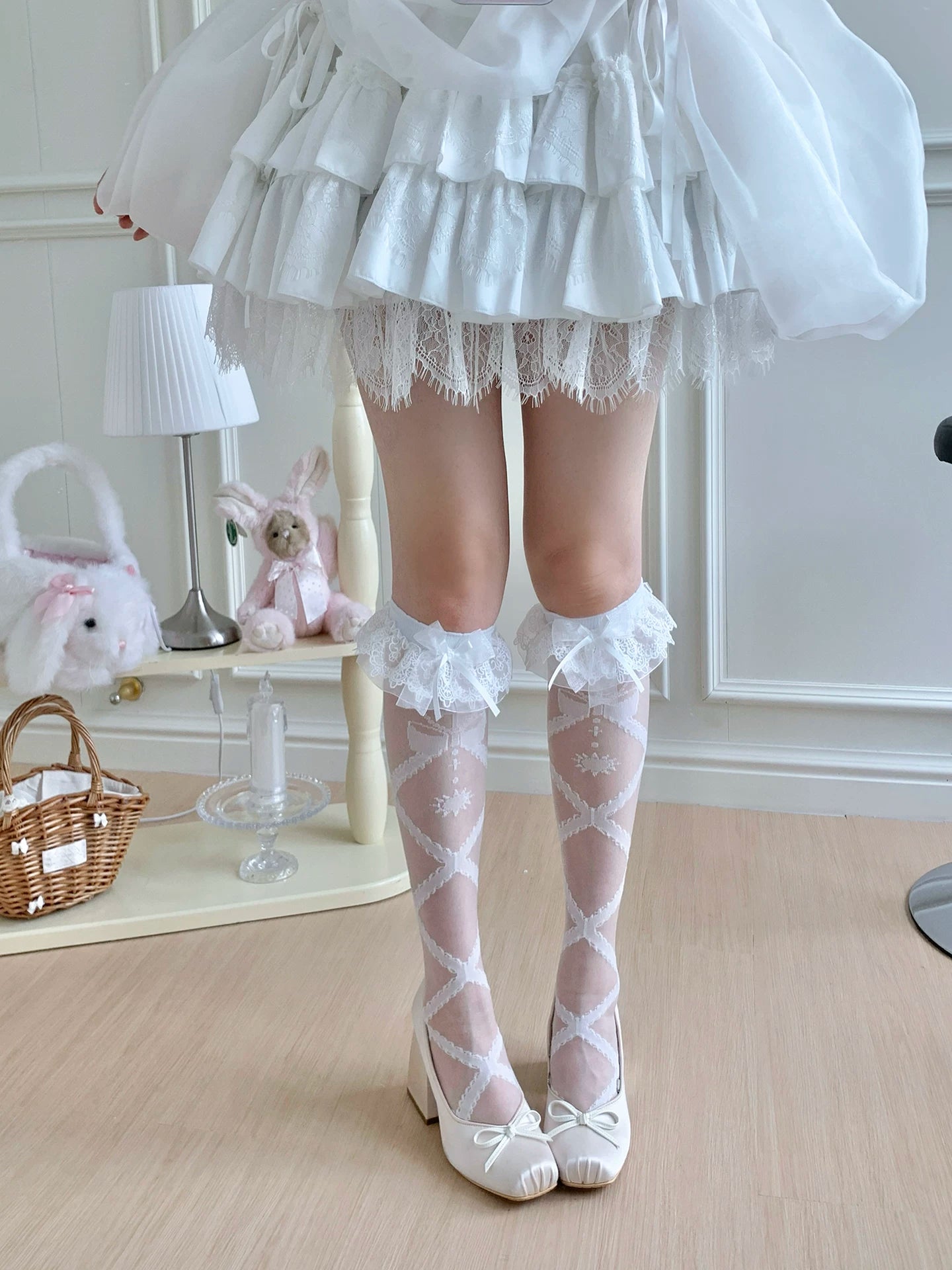 Lolita Cross Printed Socks with Layered Lace Trim Cuff (White) 45516:852716