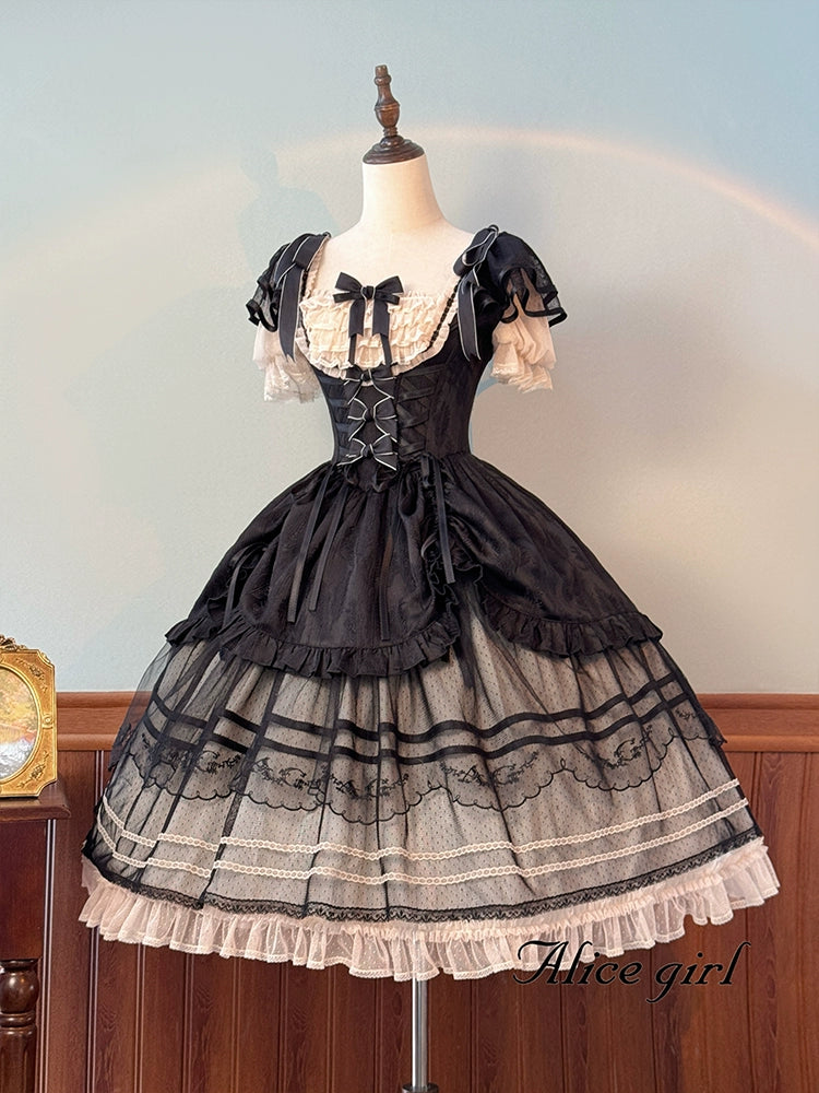 Alice Girl - Yesterday Morning Mist - Classic Lolita OP Bust-supporting Tiered Ruffles Lolita Dress Black JSK Only XS