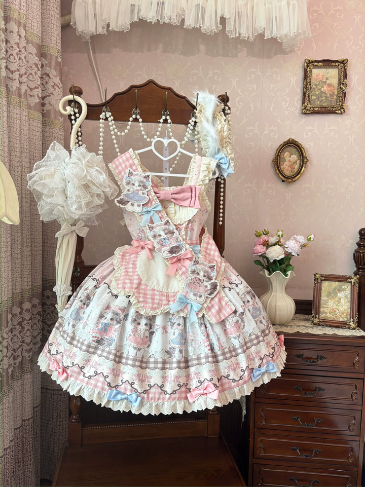 Shattered Lace Dream - Shattered Cat - Cat Printed Kawaii Lolita JSK Dress, Embroidered Sash Pink Full Set(JSK+apron+sash+cat-ear headband+waist tie) S