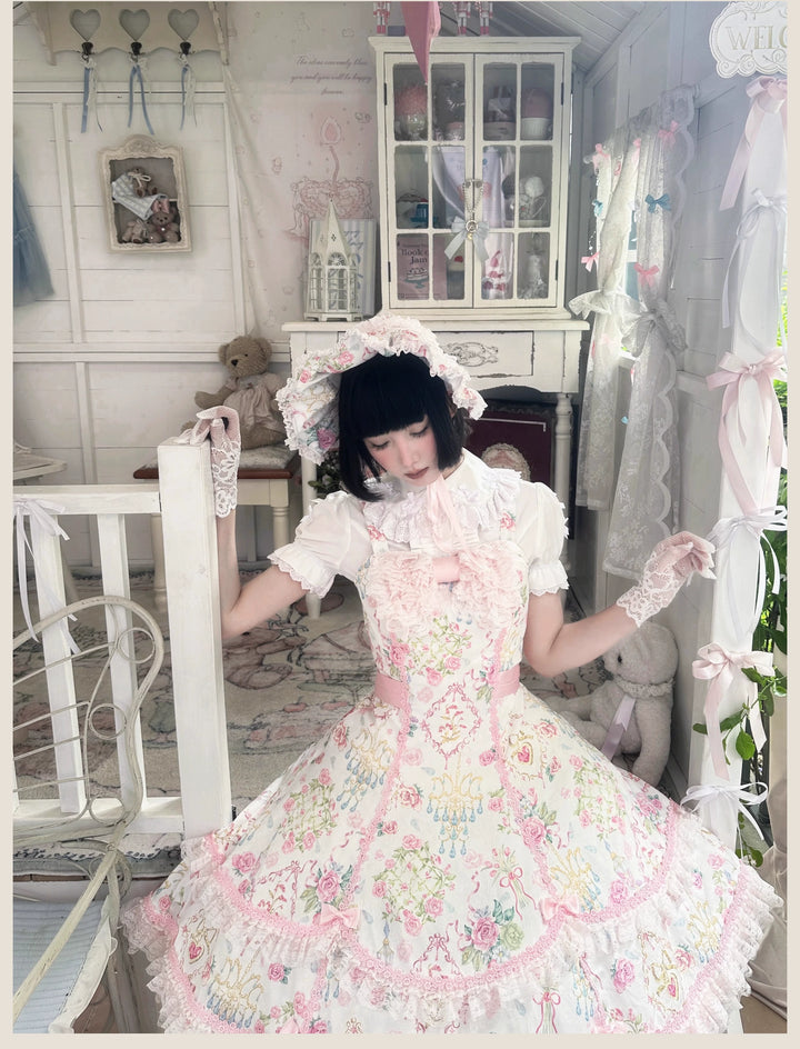 TaTaTa Lolita~Spring 2025~Old School Lolita Jumper Dress with Floral Prints & Lace JSK + Mini Top Hat + Hanamaru Headpiece+ BNT + KC + Headband S