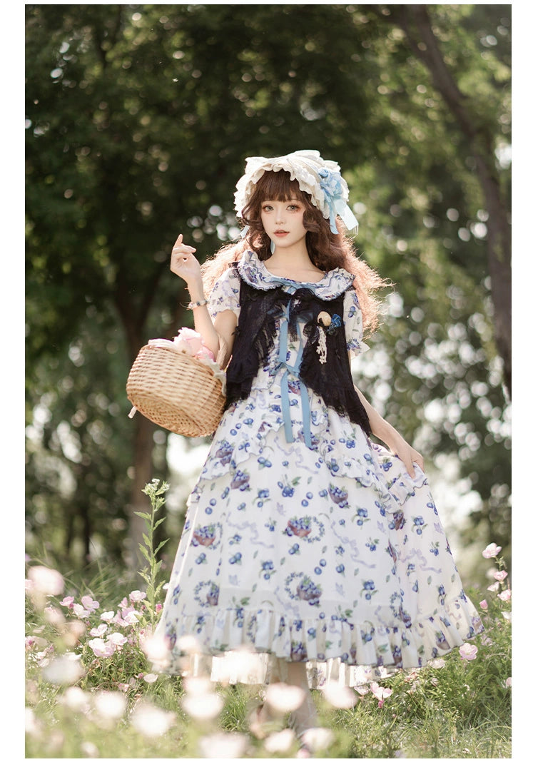 With PUJI~Berry Basket~Country Lolita OP Dress Blueberry Print Dress   