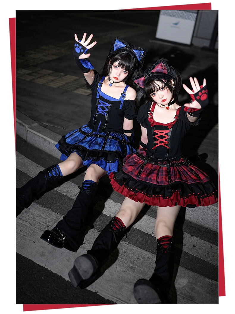 Sakurahime~Punk Lolita Daily Plaid Dress and Accessories   