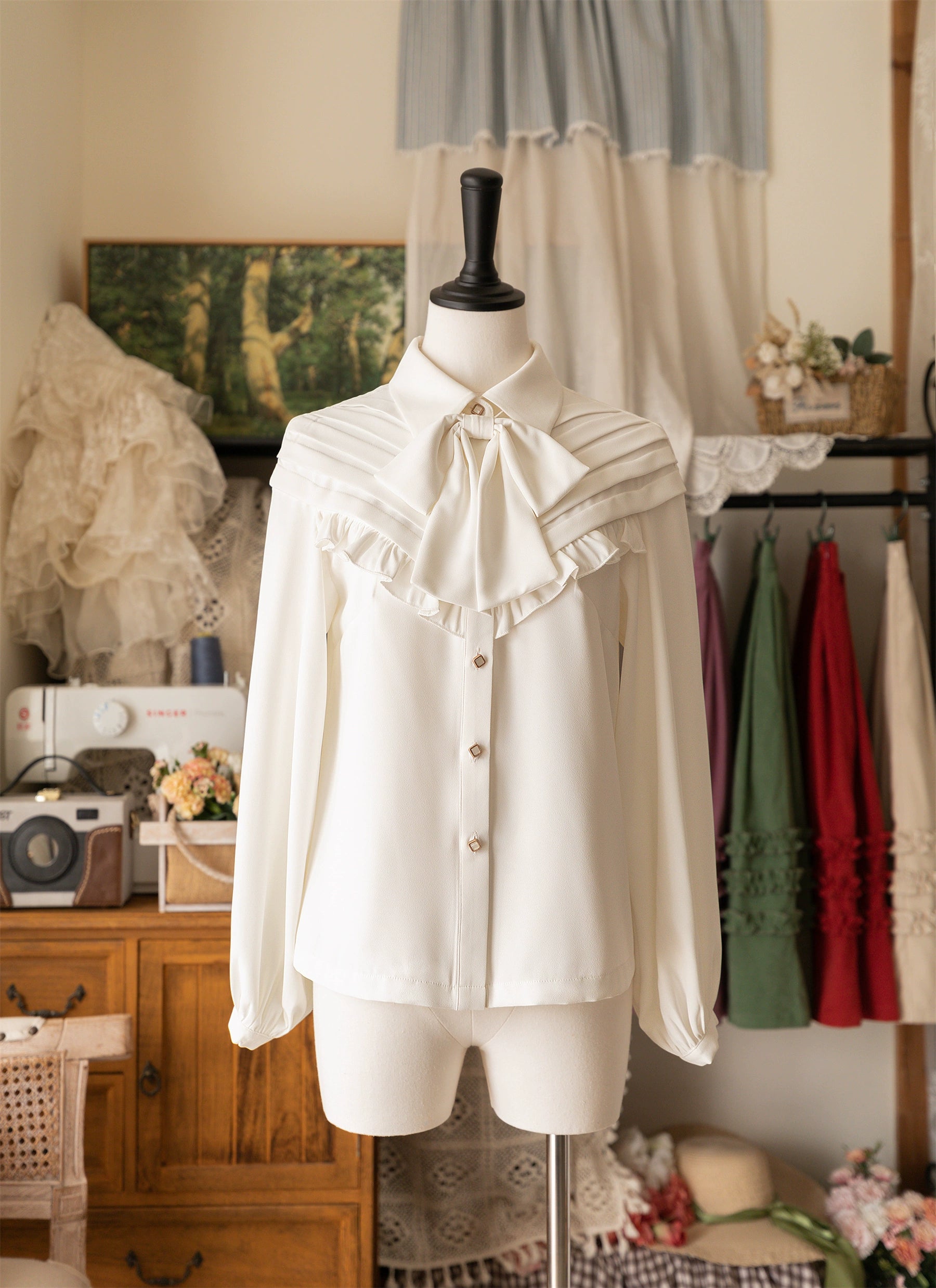 Forest Wardrobe - Forest Basket - Elegant Lolita Blouse, Vintage Bow Tie S White