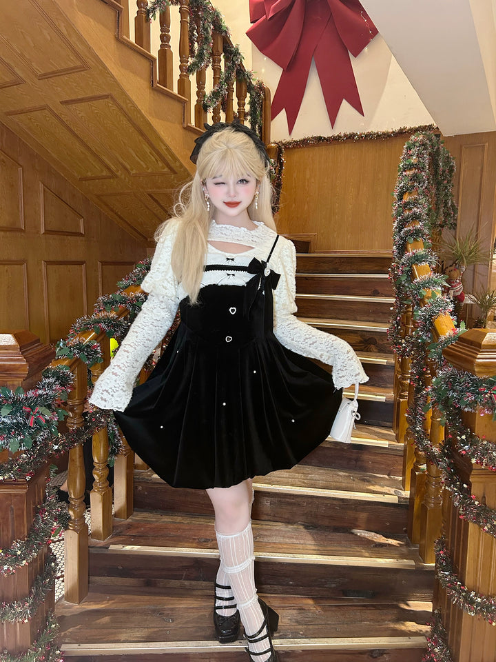 Yingtang~Plus Size Elegant Velvet Lolita Bud Dress Set XL Dress 