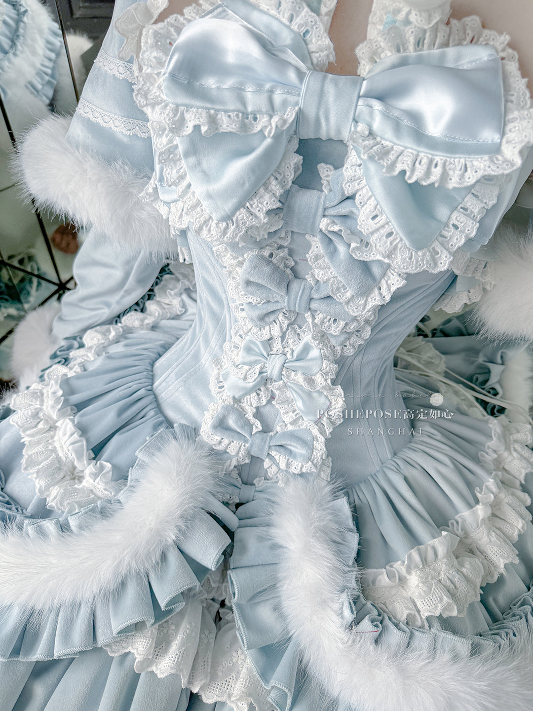 POSHEPOSE~Chuling Swan Lake~Sweet Lolita JSK Set Velvet Blue Dress for Prom