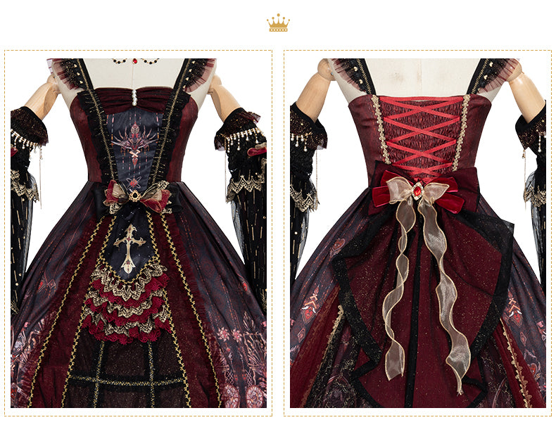 YingLuoFu - Black Red Retro Palace Elgant Classical Lolita JSK