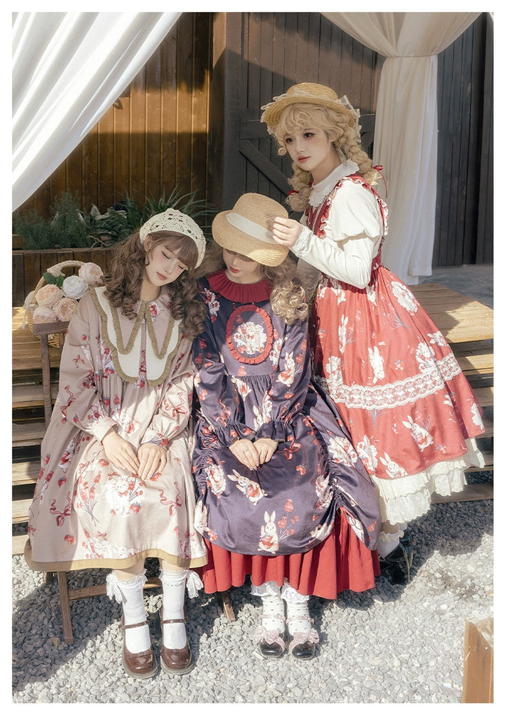 With PUJI~Sheepberry Bunny Air~Sweet Lolita Dress Velvet Print JSK and OP   