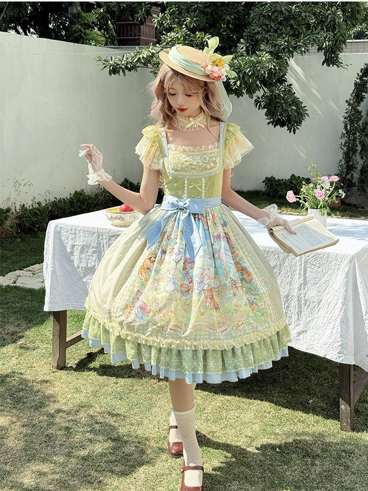 Strawberry Fantasia~Spring Bloom~Country Lolita JSK Set with Animal Prints and Overlay