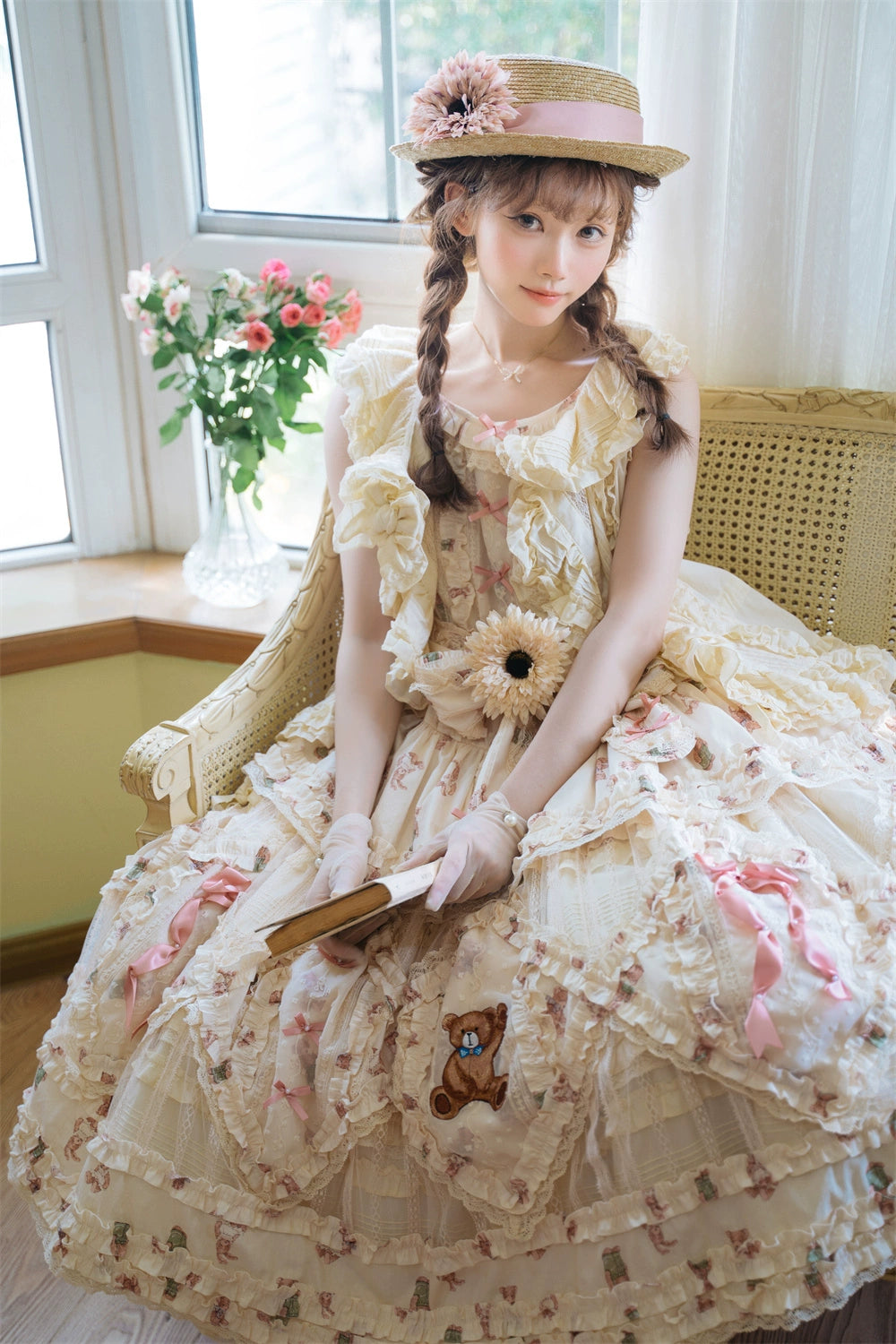 MONO GIRL~Rottengburg Bear~Sweet Lolita JSK Print Hollow-out Ruffles Dress 40730:674894