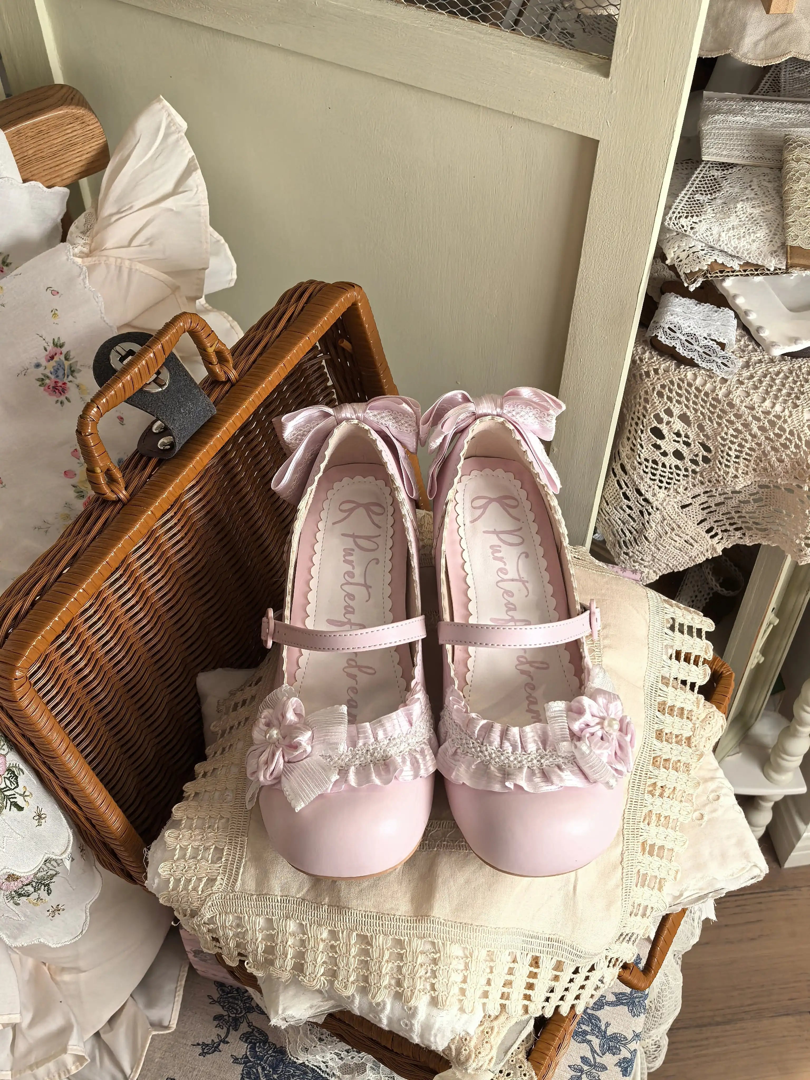 Moonlit Sakura - Sweet Lolita Round-toe Heel Shoes, Floral Accent (35 36 37 38 39 40) 45385:846004