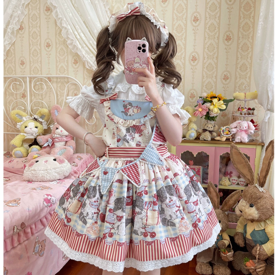 Akiyama Future Studio~Border Collie Cherry~Kawaii Lolita Salopette Cherry Print Dress