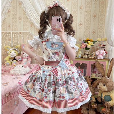 Akiyama Future Studio~Border Collie Cherry~Kawaii Lolita Salopette Cherry Print Dress   