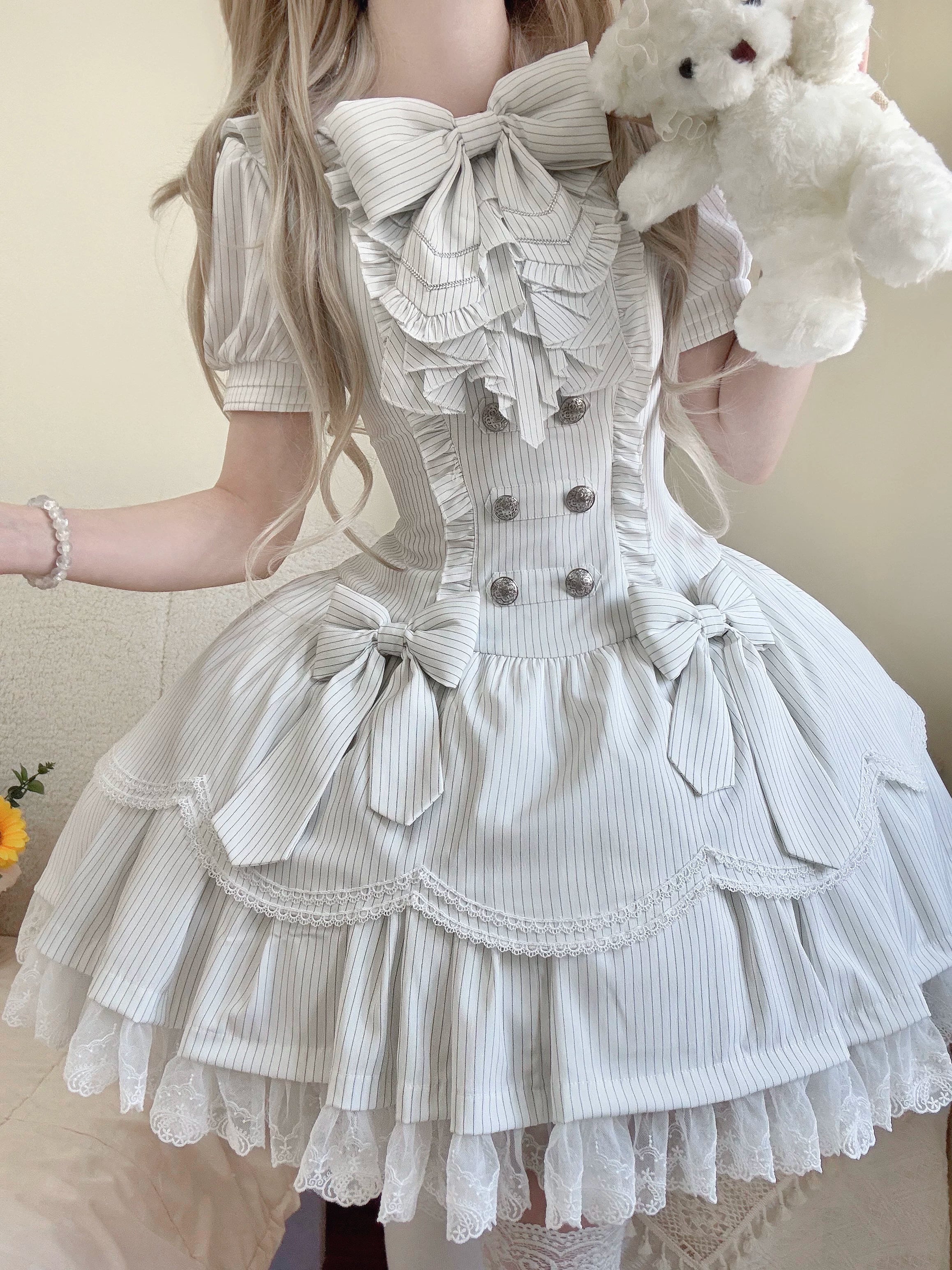 Dream Fragments - Striped Gothic Lolita OP Dress, Detachable Jabot (L M S XL) 44454:808956