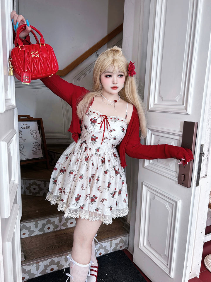 Yingtang~Plus Size Lolita Dress Rose Floral Print Dress Cardigan Set rose print fishbone camisole dress only XL 