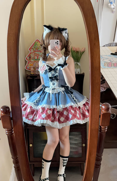 Kuma~Sweet Cowboy~Sweet Lolita Pastel Colors Denim Skirt Set   