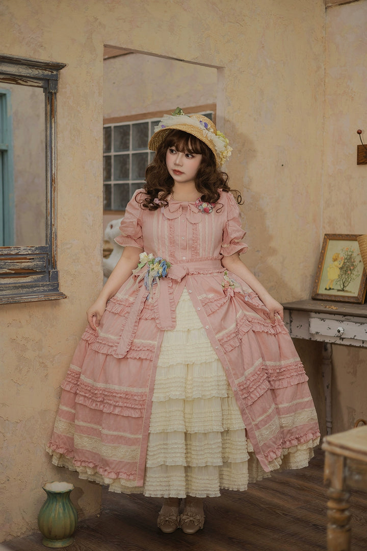 Miss Point~Cat Rose Tea~Elegant Lolita OP Open-front Short Sleeve Tiered Dress 42135:727798