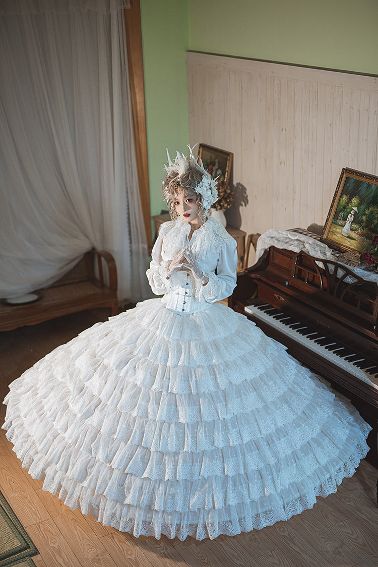Sentaro - Elegant Lolita A-line Fish-bon Adjustable Tiered Skirt (white) 15014:208510