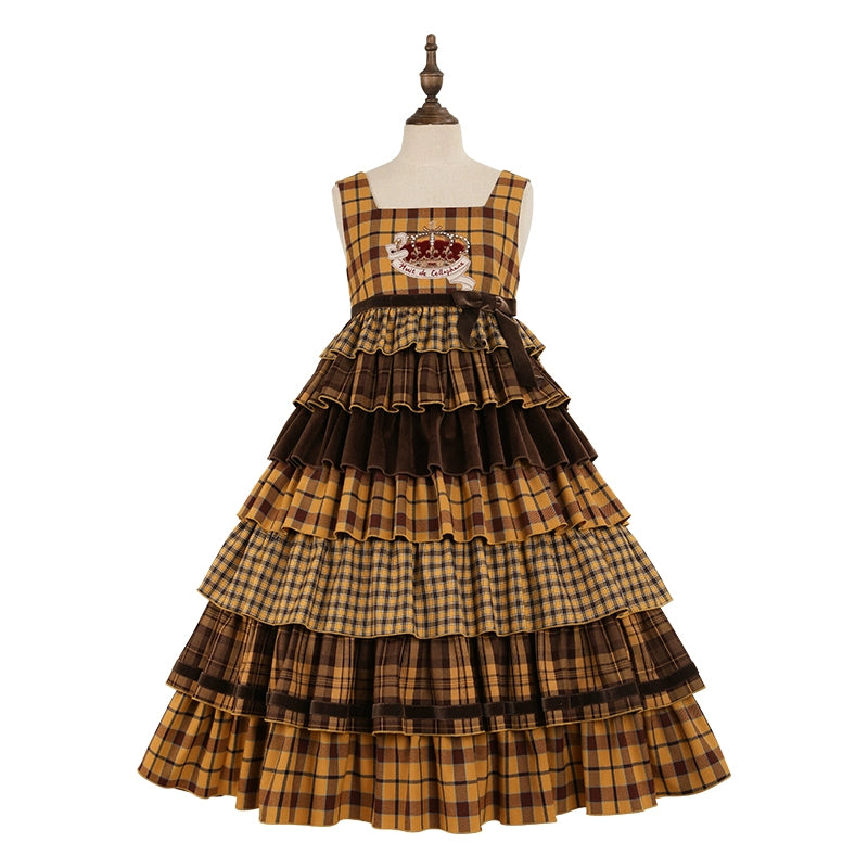 Nuit De Cellophane~Thistle Crown~Punk Lolita Suit Plaid Coat Tiered Skirt XS Yellow Cake JSK 