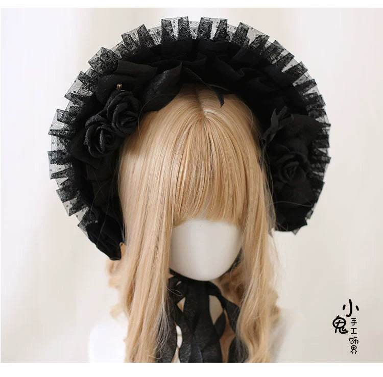 Xiaogui - Gothic Lolita Black Lace Flowers Bonnet