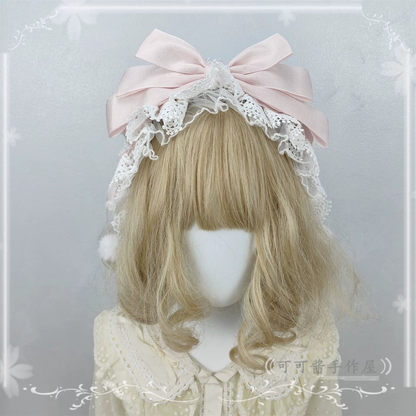 Sweet Lolita Lace Bowknot KC, Pom-pom Accent KC Pink with Glitter Accent