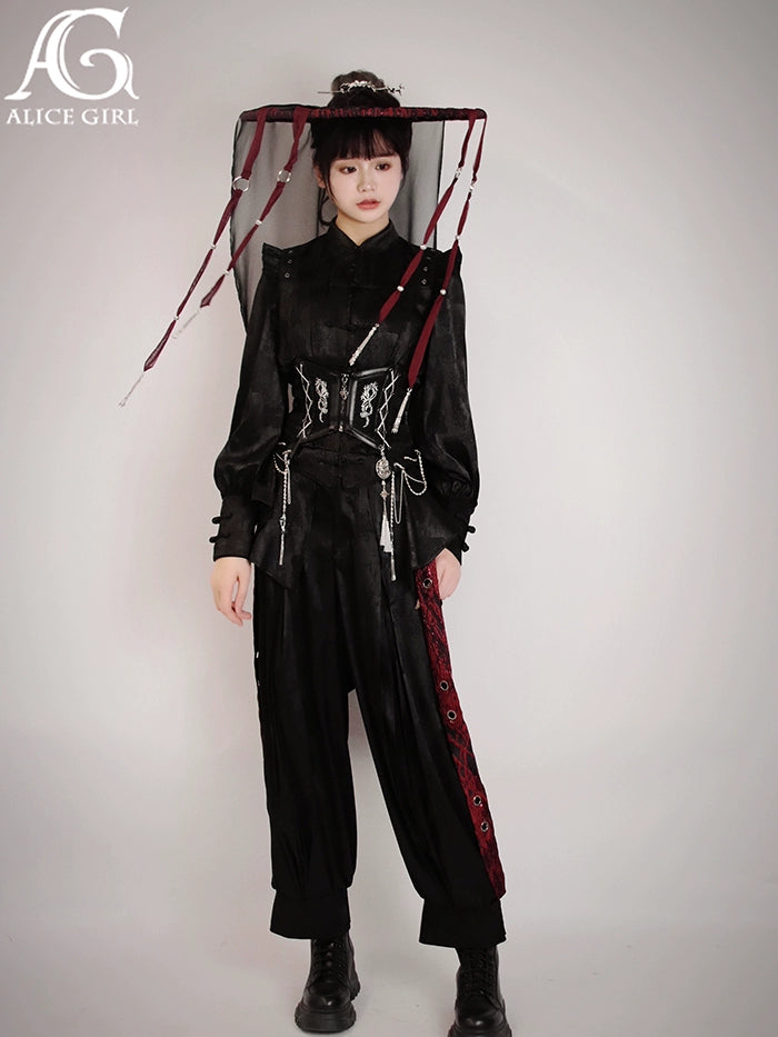 Alice Girl~Bony Dragon~Qi Lolita Shirt Chinese Style Black White Wine Red Blouse   