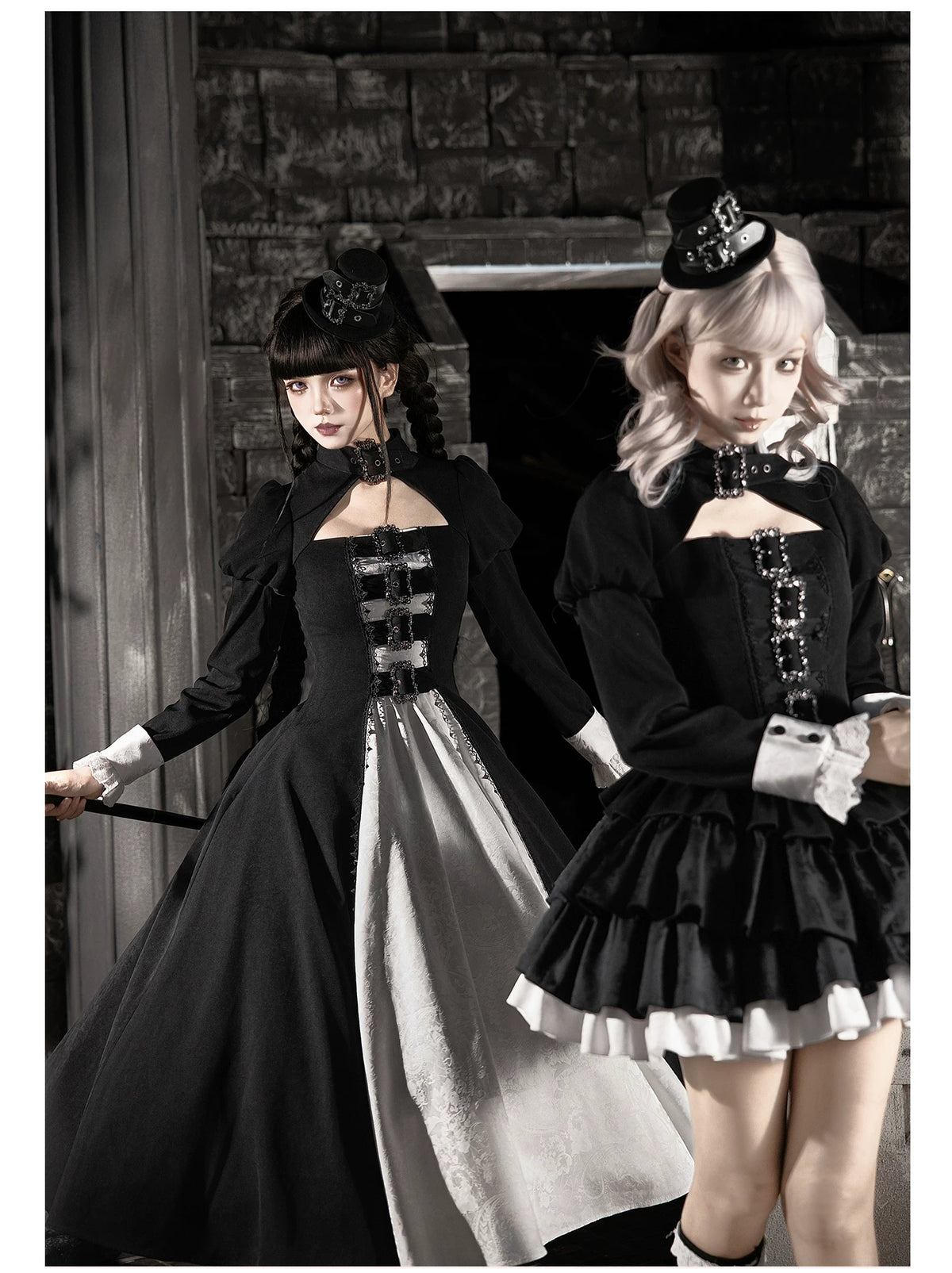 Klein - Black and White Gothic Lolita OP Dress Set, Metal D-rings 45996:871460
