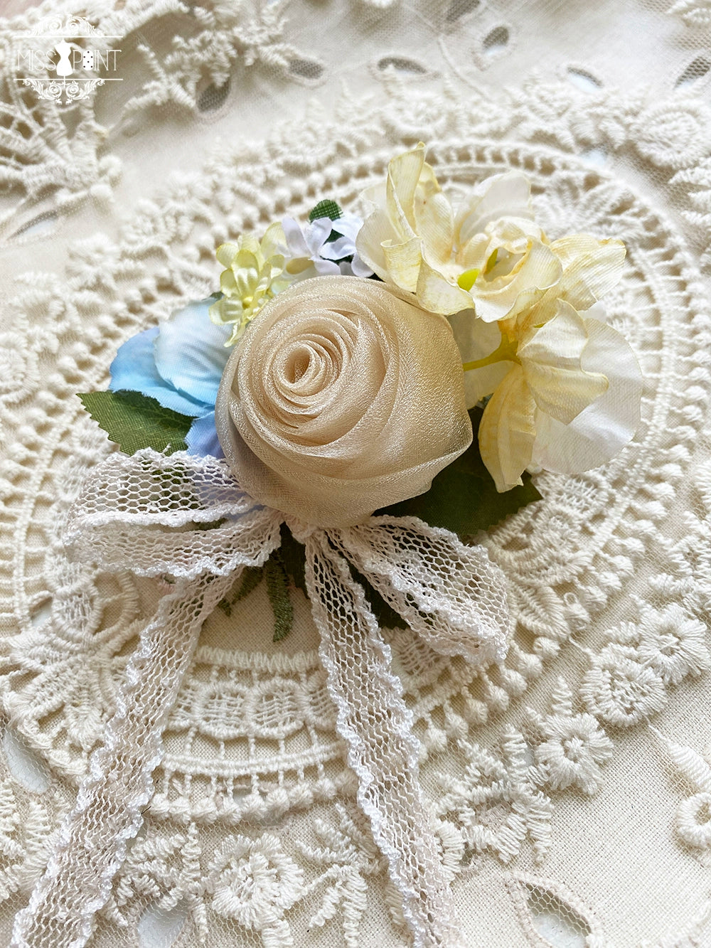 Miss Point~Sweet Lolita Accessories KC Hair Clip Brooch Waistband Cuffs Ivory Flower Dual-Use Brooch  