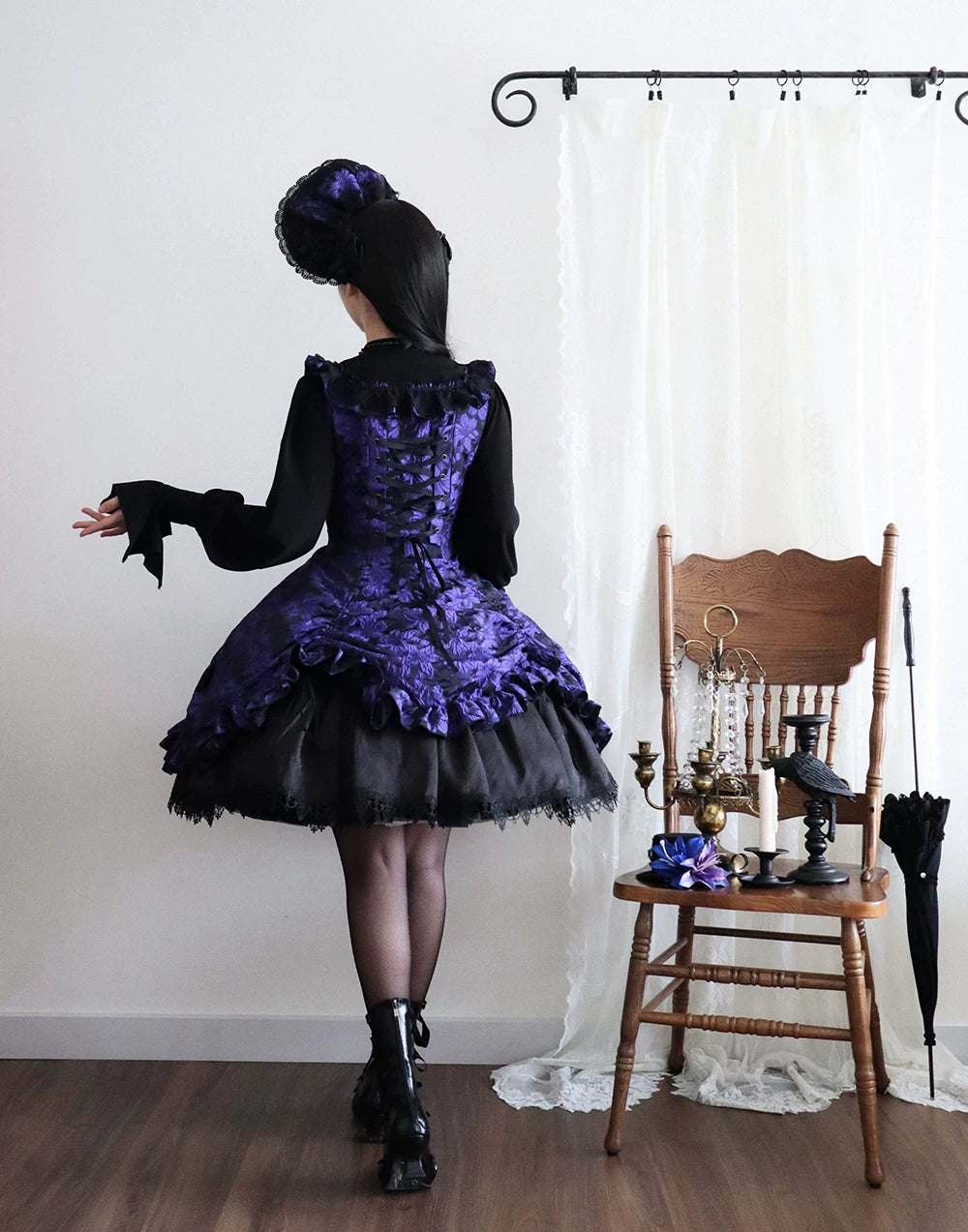 Midnight Lily - Gothic Lolita Lily Jacquard JSK Dress, Drawstring Lift-up Hem 45765:861815