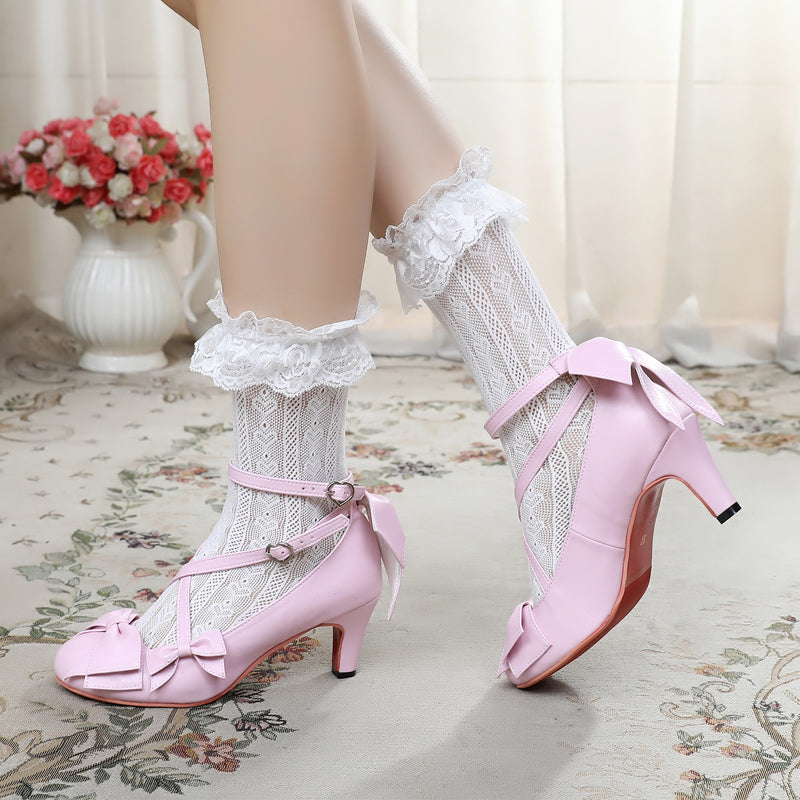 Sosic~Wind Tide Rumors~Cross-Strap Sweet Lolita Handmade Shoes 33 light pink 