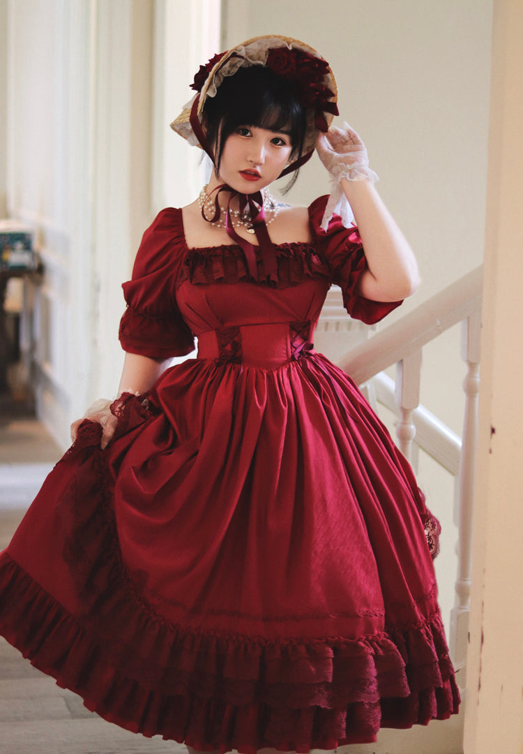 Sweet Wood - Nyx's Kiss - Plus Size Classic Lolita Short-sleeved OP Dress Wine Red 2XL