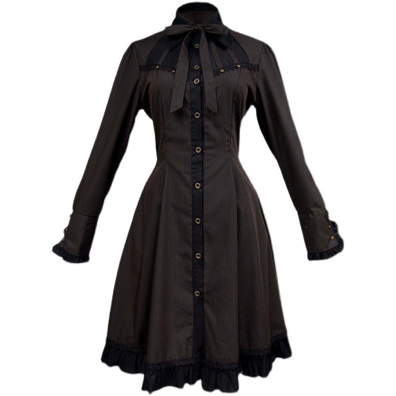 Mr. Yi's Steam Continent~Gothic Lolita Dress Long Sleeve Black Coffee Striped Dress black coffee striped S 
