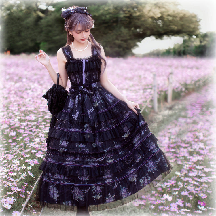 Avenue Denfer~Floral Veil~Elegant Lolita JSK Suit Floral Print Dress and Tulle Shawl