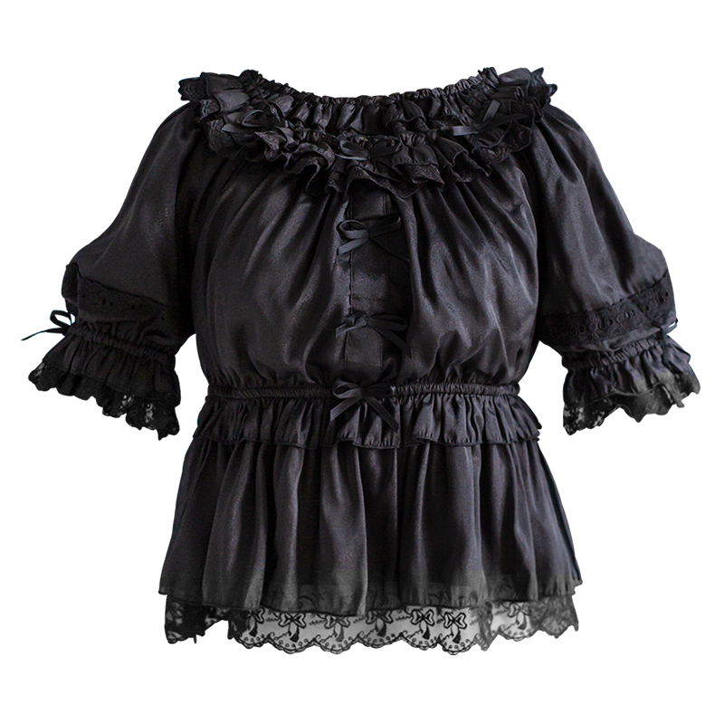 OCELOT~Sweet Lace Lolita Blouse Double-Wear Short Sleeves Shirt S Black 