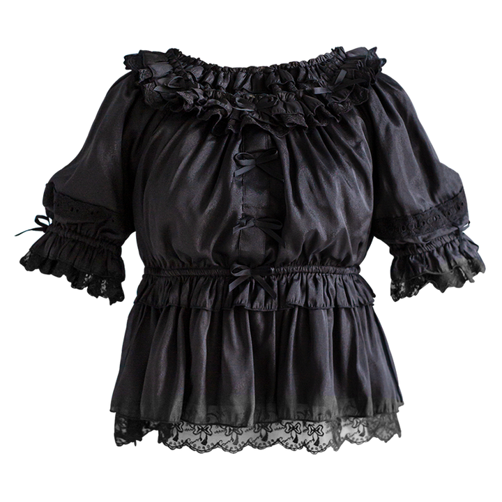 OCELOT~Sweet Lace Lolita Blouse Double-Wear Short Sleeves Shirt S Black 