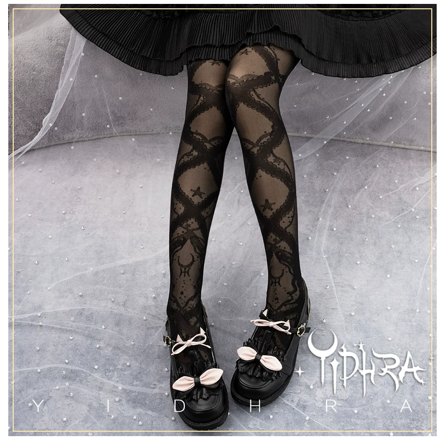 Stretchy Lolita Summer Lace Ribbon Printed Pantyhose (Black) 45660:857351