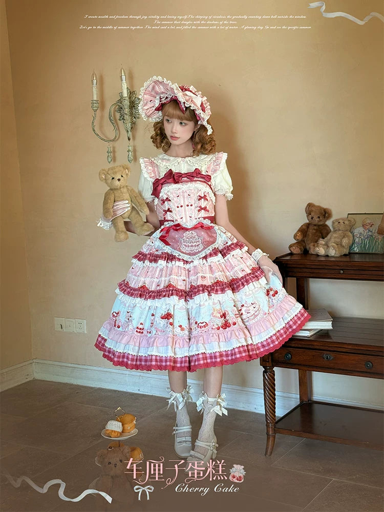 Cherry Cake - Printed Sweet Lolita JSK Dress, Embroidered Apron 44904:827164
