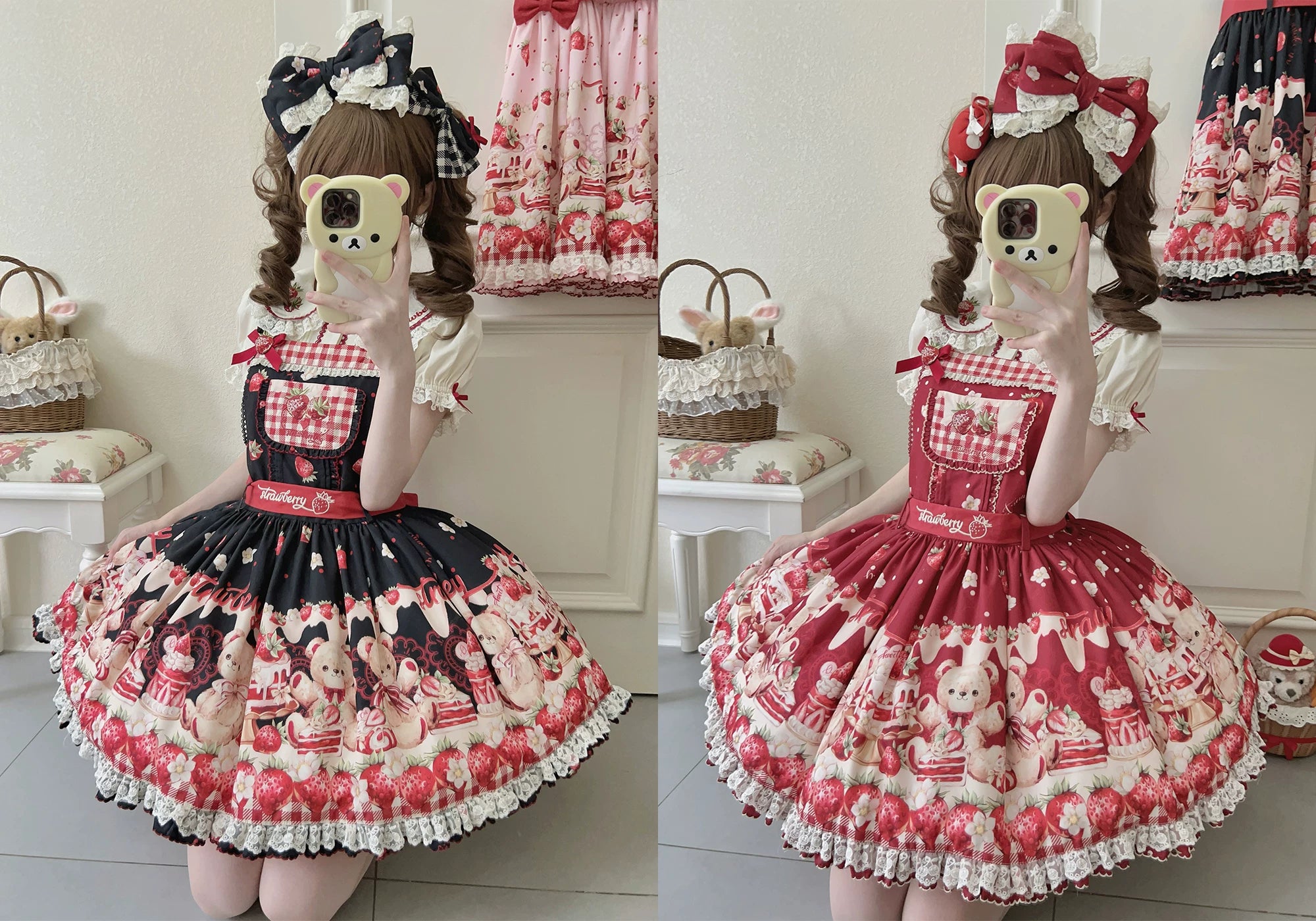 Velvet Strawberry - Sweet Lolita Salopette Dress, Bear & Strawberry Print