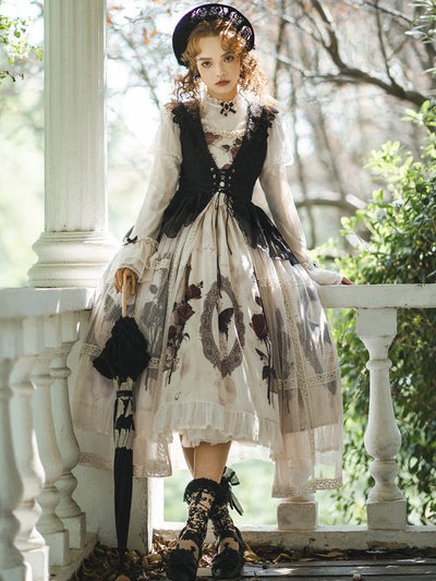 (BFM)Sweet Date~Classical Lolita Rose Print Princess Dress Set S blouse+apron dress+JSK dress 