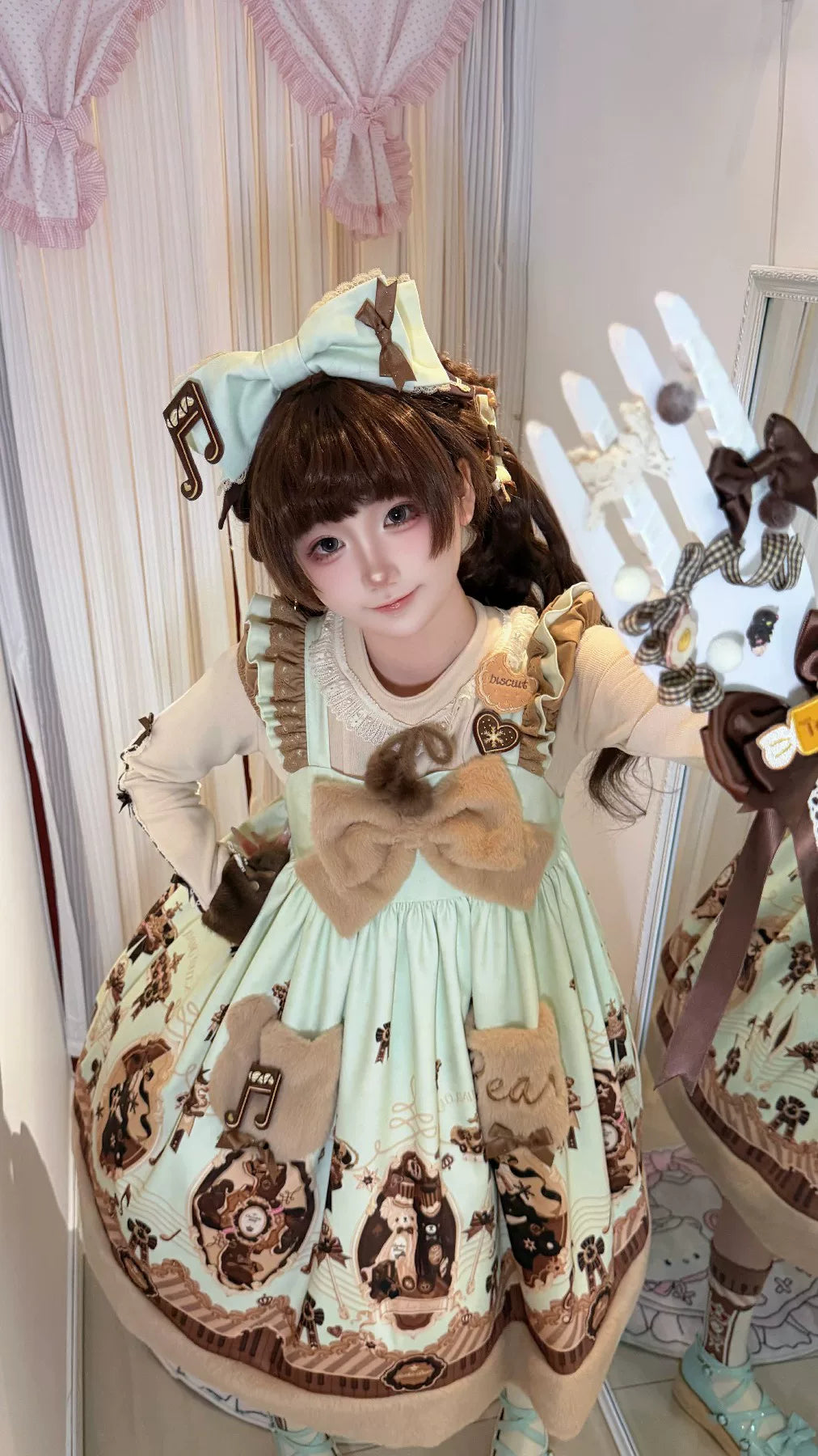 Cream Bear - Print Kawaii Lolita Fake Two-Piece OP, A-lined JSK Dress 44502:811657