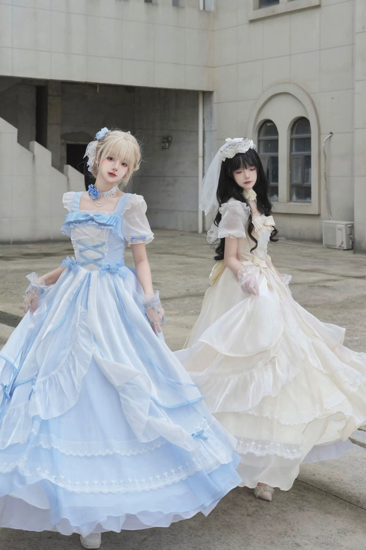 Flight Diary~Princess Lolita Dress Wedding Lolita OP and Daily Wear OP Pre-order XS Longer Wedding Lolita OP - White and Blue (Bubble Sleeves) (No Trailing)