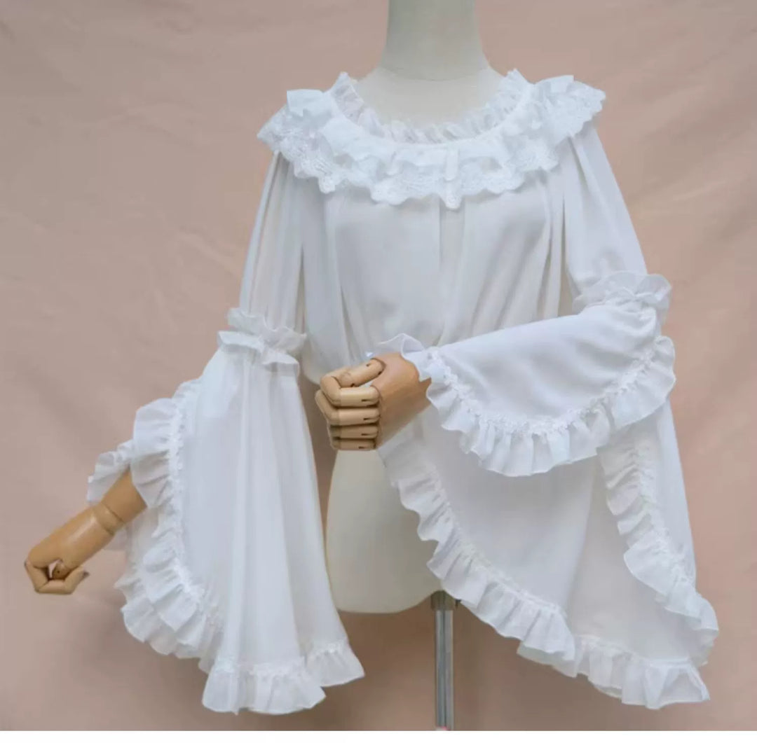 Motadalu~Classic Lolita Shirt Lace Princess Sleeves Chiffon Lolita Blouse Beige(open-shoulder neckline) Free size