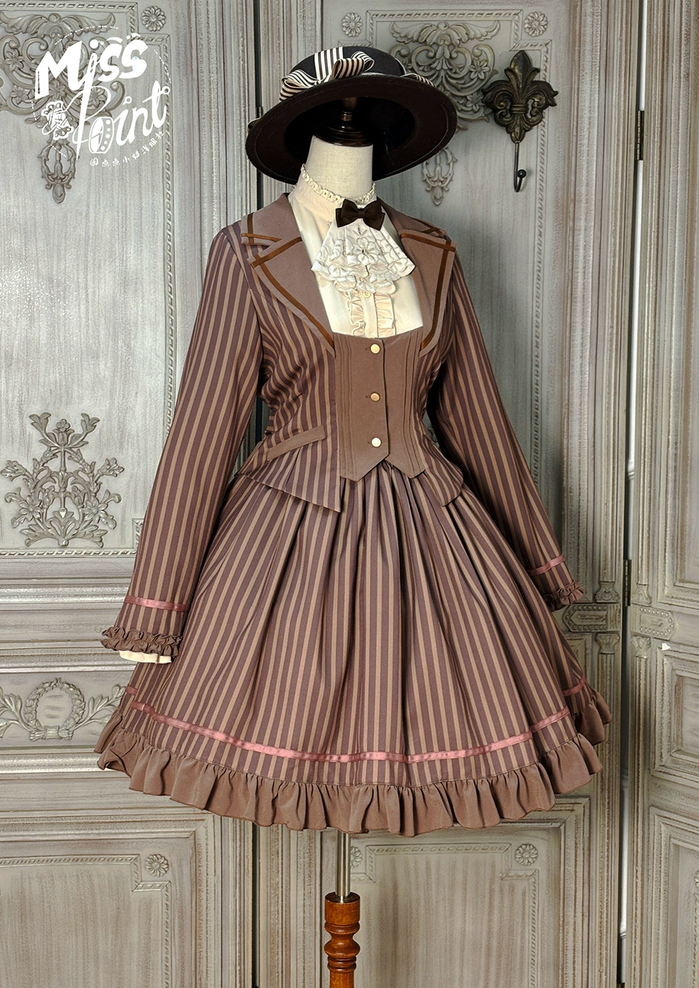 Miss Point~Classical Chocolate~Classic Lolita Jacket Elegant Striped Short Outwear 40812:676510