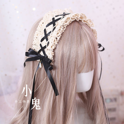 (BFM)Xiaogui~Japanese Style Sweet Lolita Lace Headband Multicolors Black + Cotton Headband  