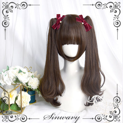 Sinwavy~Pandora's Box~Lolita Short Wig with Cute Double Ponytails dark brown - long micro curls, only a pair of ponytails  