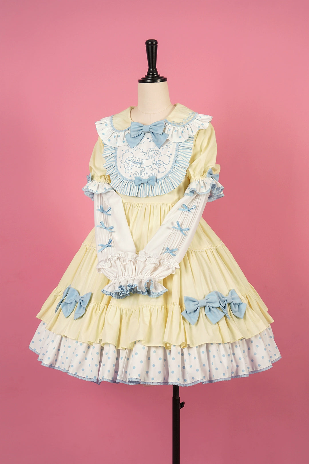 Vcastle~Sweet Lolita OP Dress Splicing Sleeve Apron Dot Print Dress S yellow OP 