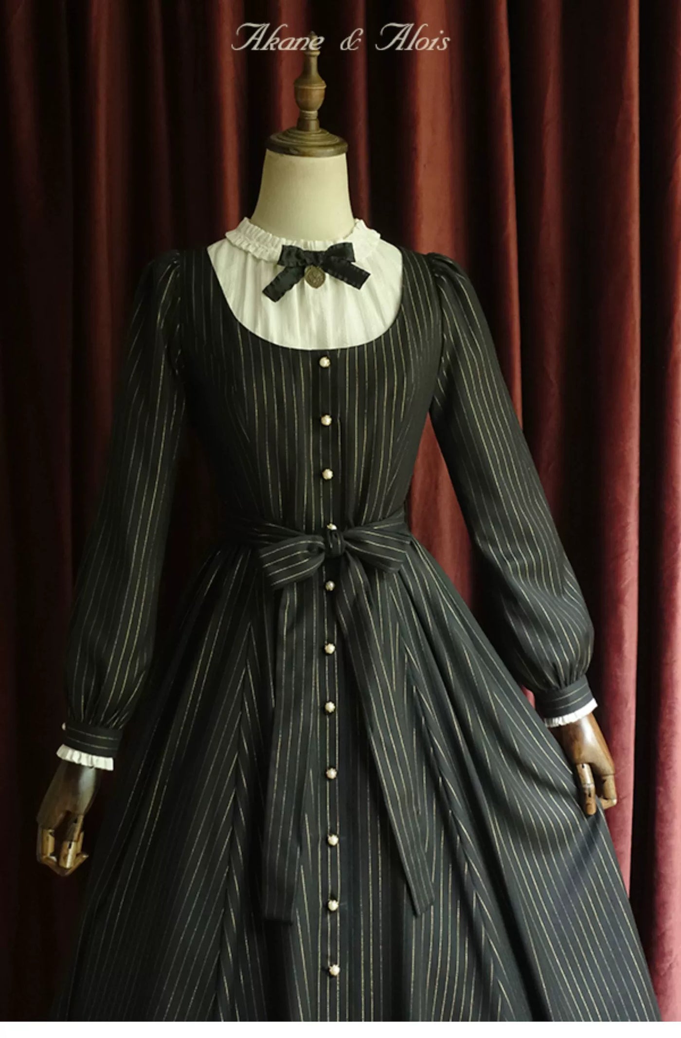 Akane Alois~Mystery Garden~Elegant Classic Lolita OP Black Gold Striped Dress   